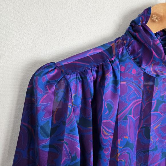 VTG Stuart Lang Blouse Sz 14 Purple Geo Print High Neck Long Sleeve Secretary - Picture 3 of 16